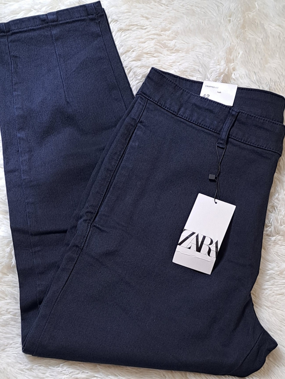 Zara Navy Cropped Fit Utility Trousers Stretch Cotton Size 42 NWT